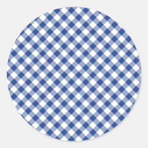 Sticker Rond Gingham Rétro Bleu Véritable