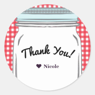 Sticker Rond Gingham Rouge et Pot Mason Bleu Cadeau de Thème Ca