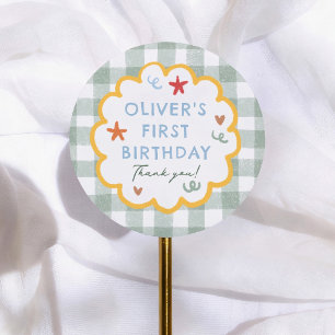 Sticker Rond Gingham Vert Coloré Merci pour le 1er Anniversaire