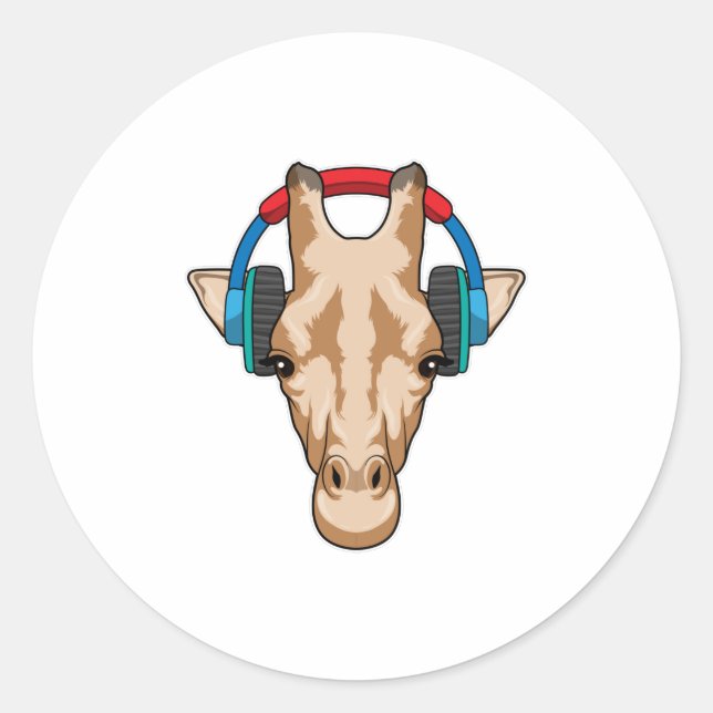 Sticker Rond Girafe at Music with Headphone (Devant)