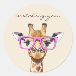 Sticker Rond Girafe Drôle Vous Regardant Lunettes Roses