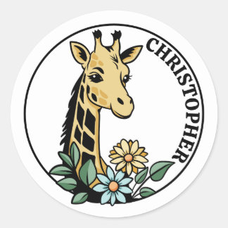 Sticker Rond Girafe Et Fleurs Nom Personnalisé