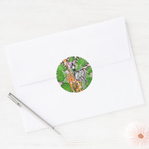 Sticker Rond Girafe zèbre tigre jungle amis