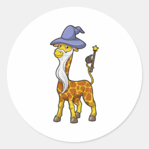 Sticker Rond Giraffe as Wizard with Magic wand & Hat