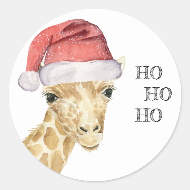 Sticker Rond Giraffe Casquette de Noël HO HO HO (Devant)