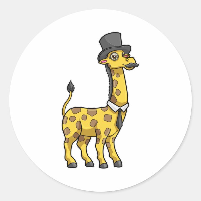 Sticker Rond Giraffe en Gentleman avec Casquette, Cravate et Mo (Devant)