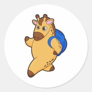 Sticker Rond Giraffe en tant qu'étudiant avec sac à dos