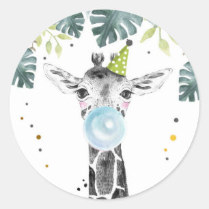 Sticker Rond Giraffe Fête Animaux Safari Garçon Anniversaire 