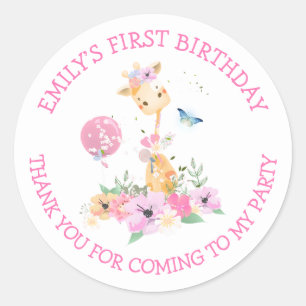 Sticker Rond Giraffe Fleurs Nom Merci Filles 1er anniversaire