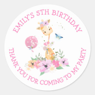 Sticker Rond Giraffe Florals Nom Merci Girls 5e anniversaire