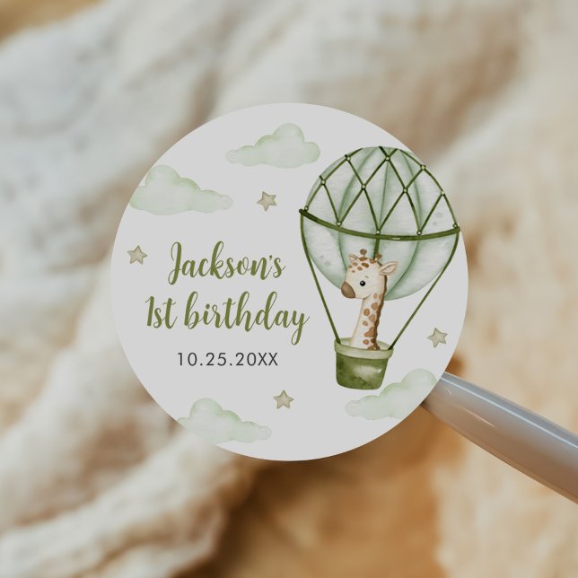 Sticker Rond Giraffe Hot Air Balloon Green Boy 1er anniversaire (Créateur téléchargé)