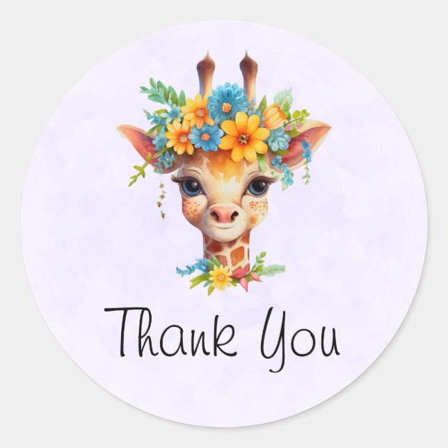 Sticker Rond Giraffe mignonne avec Merci de la Couronne florale (Devant)