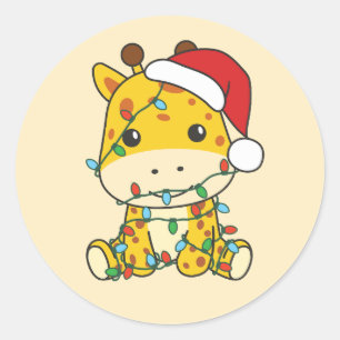 Sticker Rond Giraffe Noël Animaux d'hiver Giraffes
