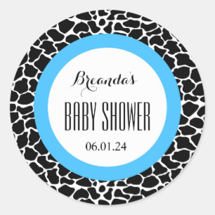Sticker Rond GIRAFFE Nom du Baby shower du garçon Date V07 BLUE