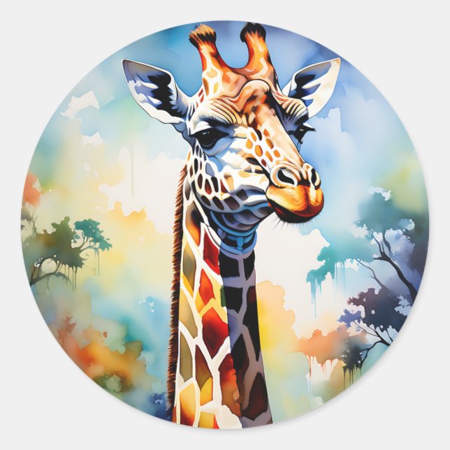 Sticker Rond Giraffe vibrante Safari en aquarelle (Devant)