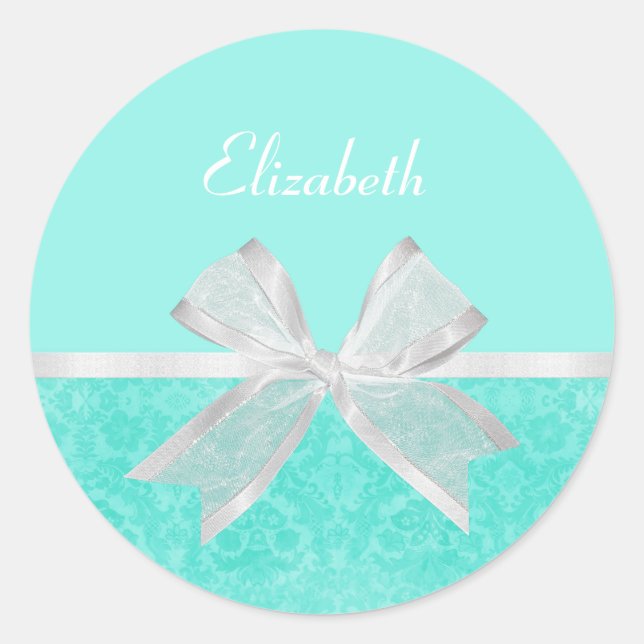 Sticker Rond Girl Aqua Turquoise Damask Ruban blanc avec nom (Devant)