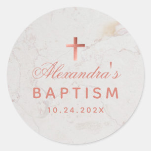 Sticker Rond Girl Baptism Faux Rose Gold Marble Élégant Script