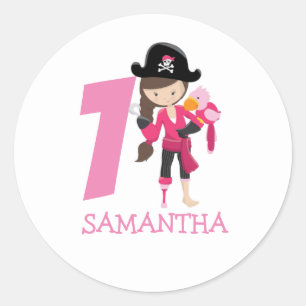 Sticker Rond Girl Parrot 1er anniversaire fête pirate
