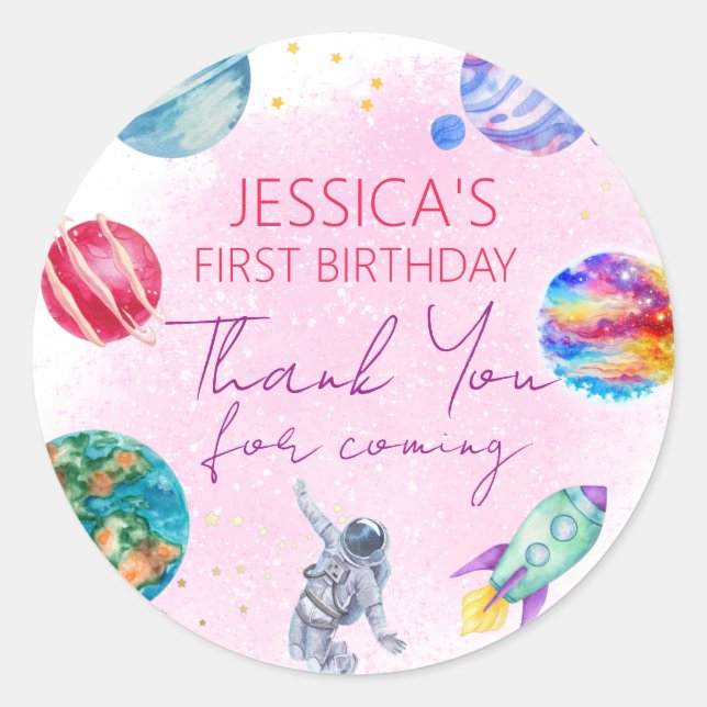 Sticker Rond Girl Planets Lune Stars Bébé Fille Anniversaire (Devant)
