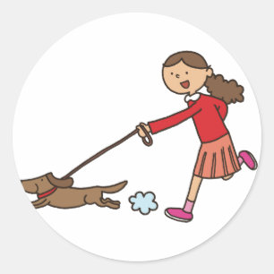 Sticker Rond Girl Walking Dog - Dog Walker - mignon dessin anim