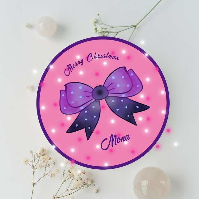 Sticker Rond Girls Cute Bow Joyeux Noël nom personnalisé (Créateur téléchargé)