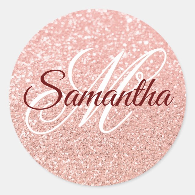 Sticker Rond Girly Faux Rose Parties scintillant or Monogramme (Devant)