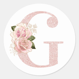 Sticker Rond Girly Rose Pâle Or Pailleté Floral Monogram G