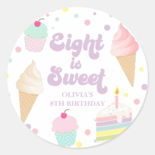 Sticker Rond Glace et gâteau huit ans c'est doux  8e anniversai