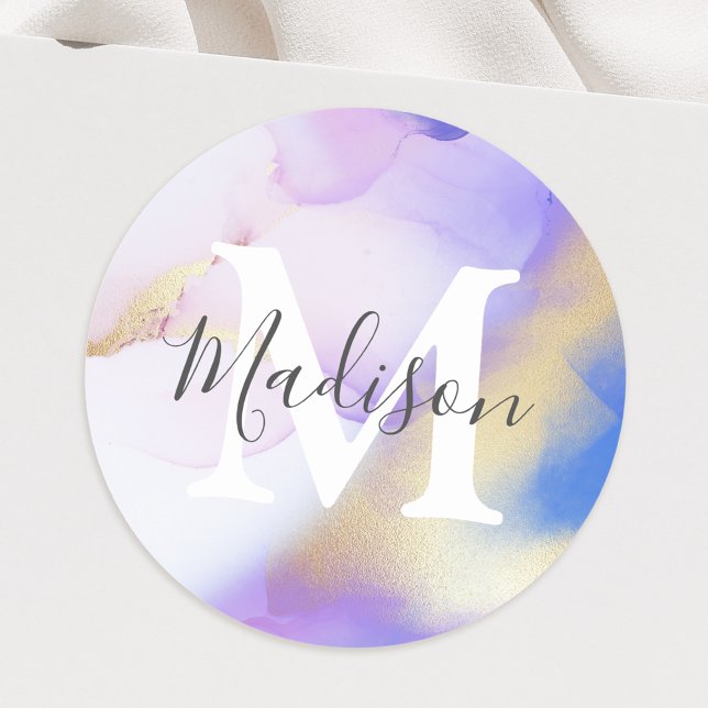 Sticker Rond Glam à aquarelle violet Nom personnalisé Monogramm (Créateur téléchargé)