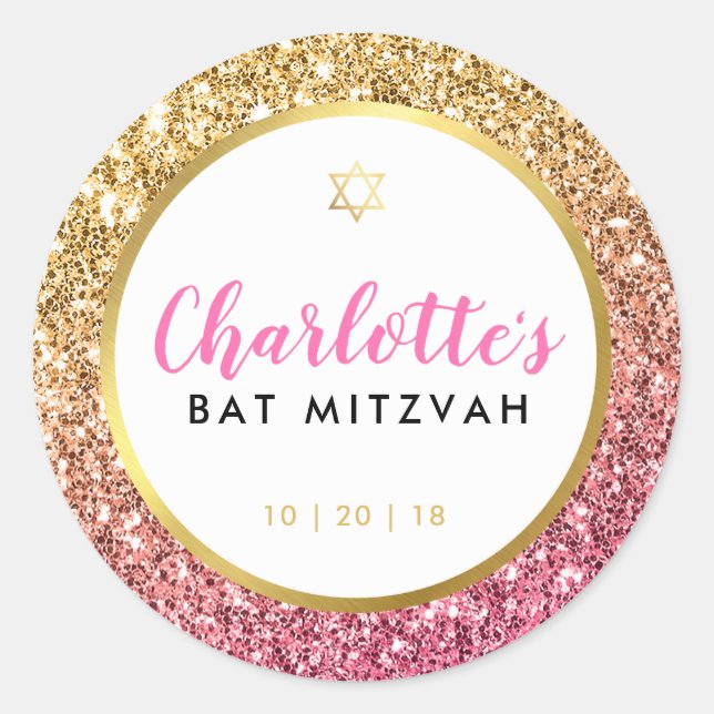 Sticker Rond GLAM BAT MITZVAH moderne luxe or rose parties scin (Devant)