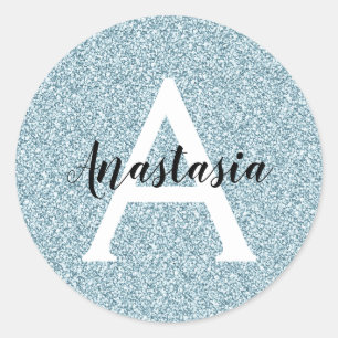Sticker Rond Glam Bleu Paillettes Argentées Monogramme Nom