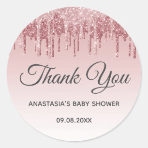 Sticker Rond Glam Blush Rose Gold Pailletés Merci Baby Shower