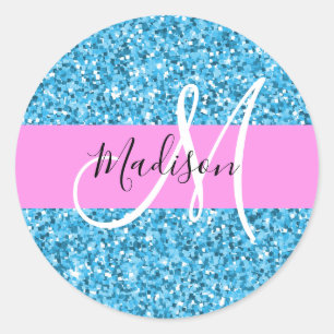 Sticker Rond Glam Ciel Bleu Rose Paillettes Paillettes Nom Mono