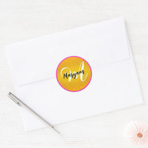 Sticker Rond Glam de luxe Parties scintillant rose or Nom du mo