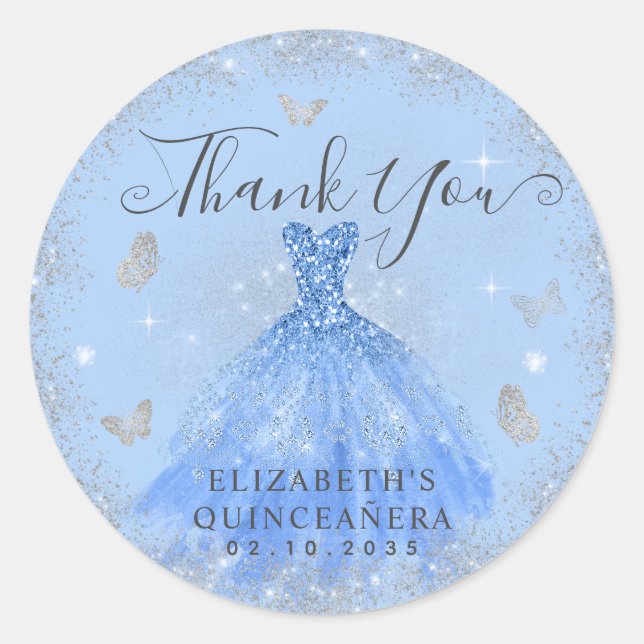 Sticker Rond Glam Dusty Blue Silver Gown Quinceañera Merci (Devant)