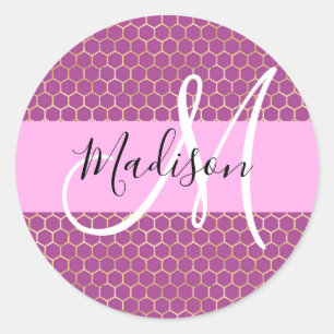 Sticker Rond Glam Fuchsia Métallic Rose Nid d'abeille Monogramm