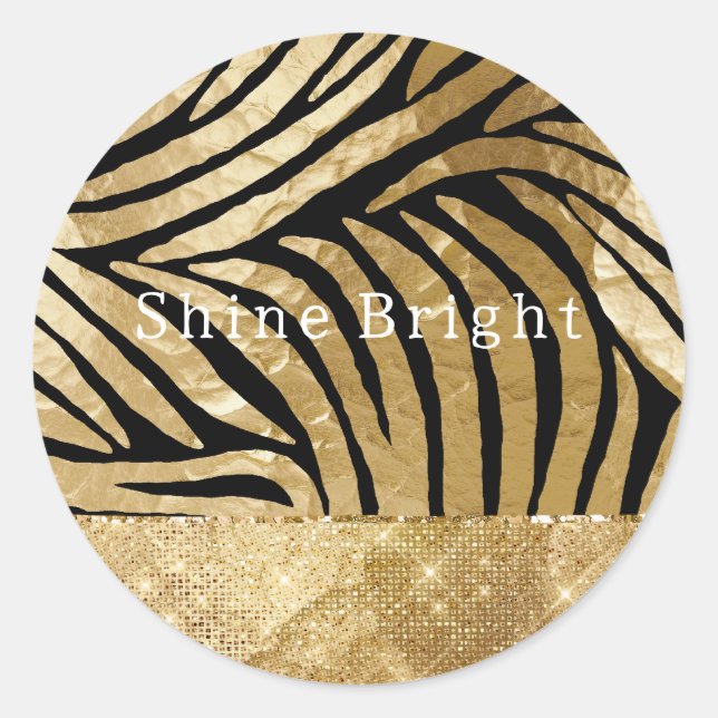 Sticker Rond Glam Gold Black Zebra Animal Glitzy Étincelle (Devant)