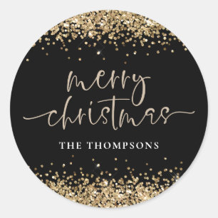 Sticker Rond Glam Gold Glitter Nom Joyeux Noël Noir