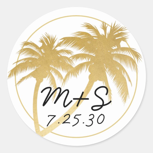 Sticker Rond Glam Gold Palm Tree Beach Mariage Monogramme (Devant)