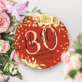 Sticker Rond Glam Gold Red Floral Parties scintillant 30e anniv