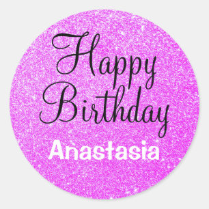 Sticker Rond Glam Happy Birthday Purple Parties scintillant Nom
