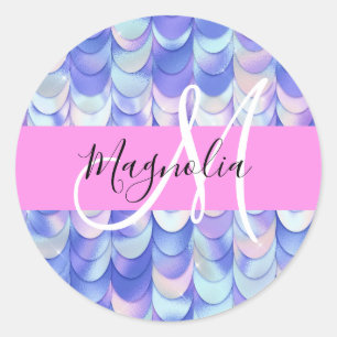 Sticker Rond Glam Iridescente Blue Mermaid Scales Nom Monogramm