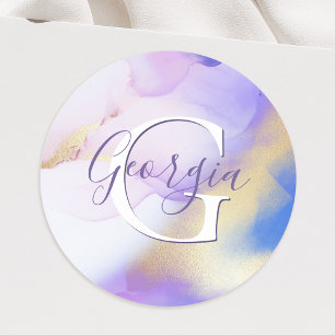 Sticker Rond Glam Lilac Gold Abstrait Peinture Élégant Monogram