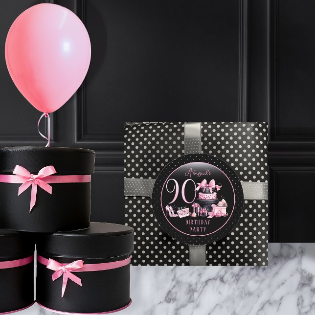 Sticker Rond Glam Pink Black Fashion 90th Birthday Party (Glam Pink and Black French Couture Fashion 90th Birthday Party Favor Stickers)