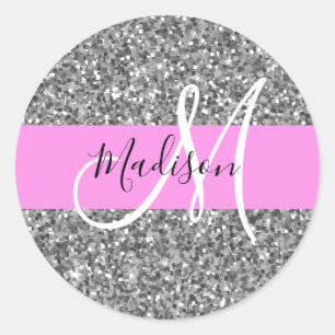 Sticker Rond Glam Pink & Silver Parties scintillant étincelles 