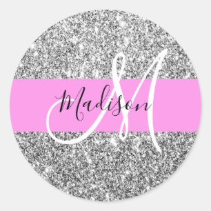 Sticker Rond Glam Pink & Silver Parties scintillant étincelles 