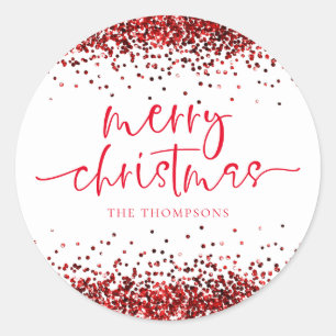 Sticker Rond Glam Red Parties scintillant Joyeux Noël Blanc