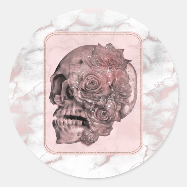 Sticker Rond Glam Rose Gold Rose Skull Marbre Fête (Devant)