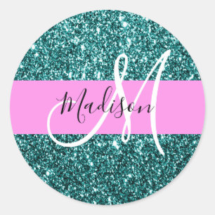 Sticker Rond Glam Rose Turquoise Vert Pailleté Étincelle Monogr
