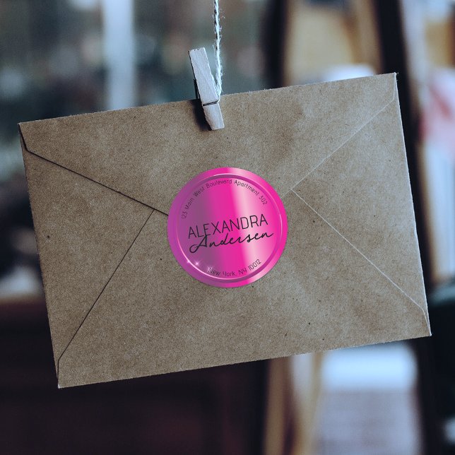 Sticker Rond Glam Shiny Magenta Metallic Adresse de retour Labe (Créateur téléchargé)